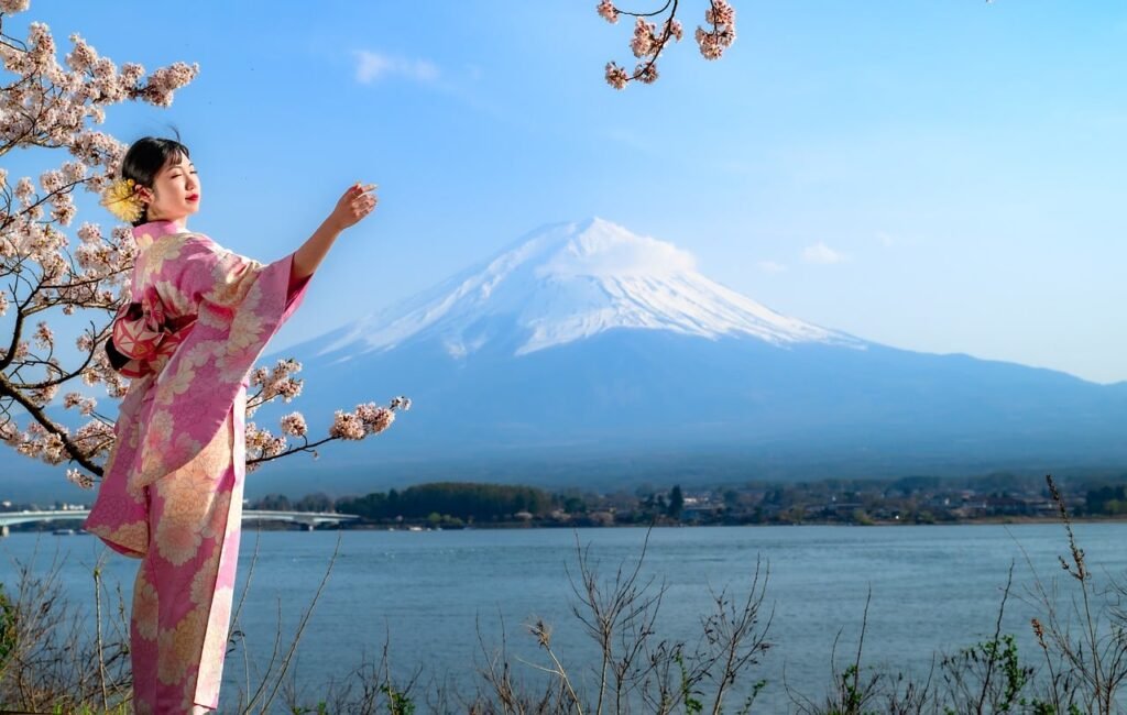 fuji, japan, sakura, spring, landscape, girl, kimono, mountain, blue sky, kawaguchi, lake, cherry blossoms, traditional, culture, nature, clear, sky, blue, japanese traditions