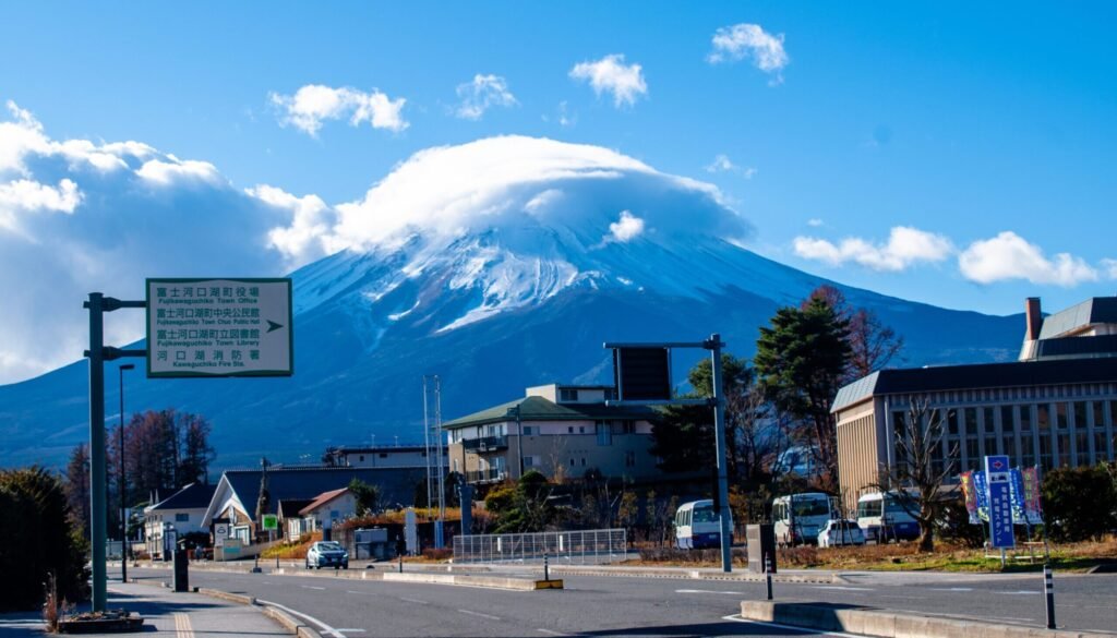 Beautiful view of Mount Fuji with cloud cap seen from Fujikawaguchiko town, Japan.