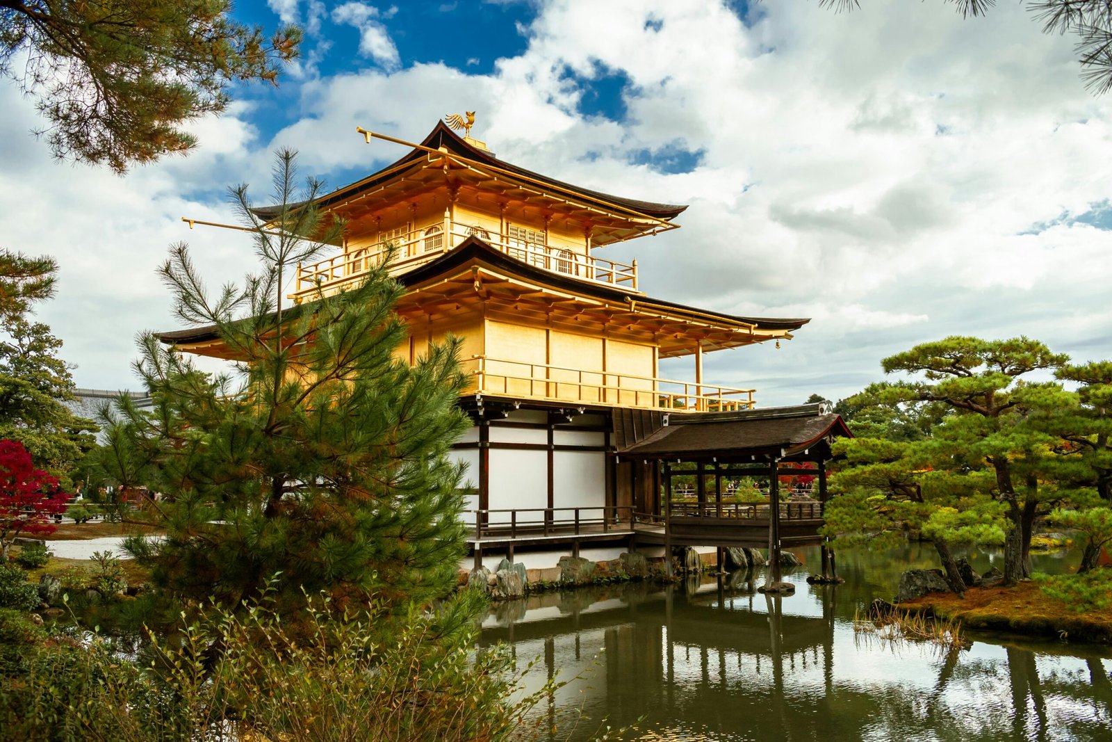 Scenic view of Kinkaku-ji, the Golden Pavilion in Kyoto, Japan surrounded by tranquil gardens.