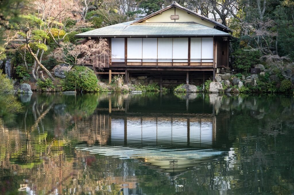 japan, kobe, garden, nature, lake, traditional house