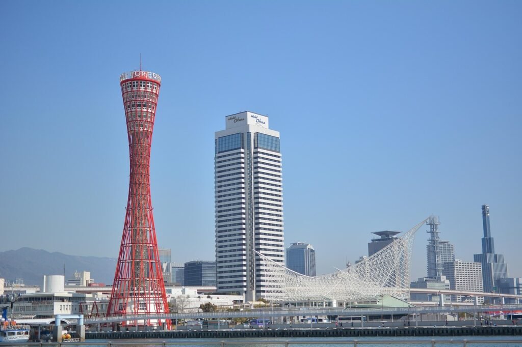 kobe, port tower, kobe maritime museum, harborland, hotel okura, kawasaki world, meriken park, central jetty, distant view, landscape, sunny, daytime, noon, blue sky, red, tower, tourist destination, kobe, kobe, kobe, kobe, kobe