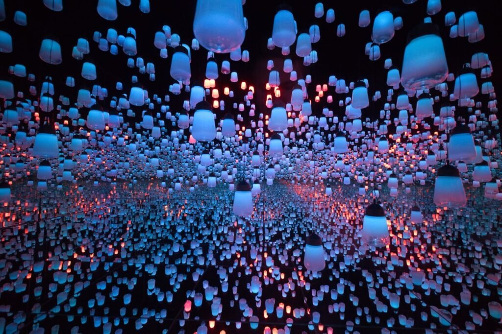 A mesmerizing display of colorful hanging lanterns in a Tokyo art museum.