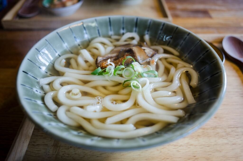 A bowl of hot and savory udon noodles garnished with mushrooms and scallions, perfect for lunch.
