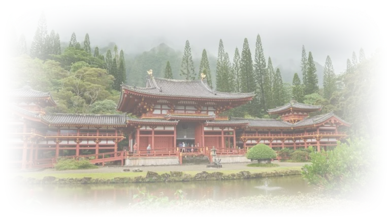 Byodo-In Temple with its pond and forested mountains