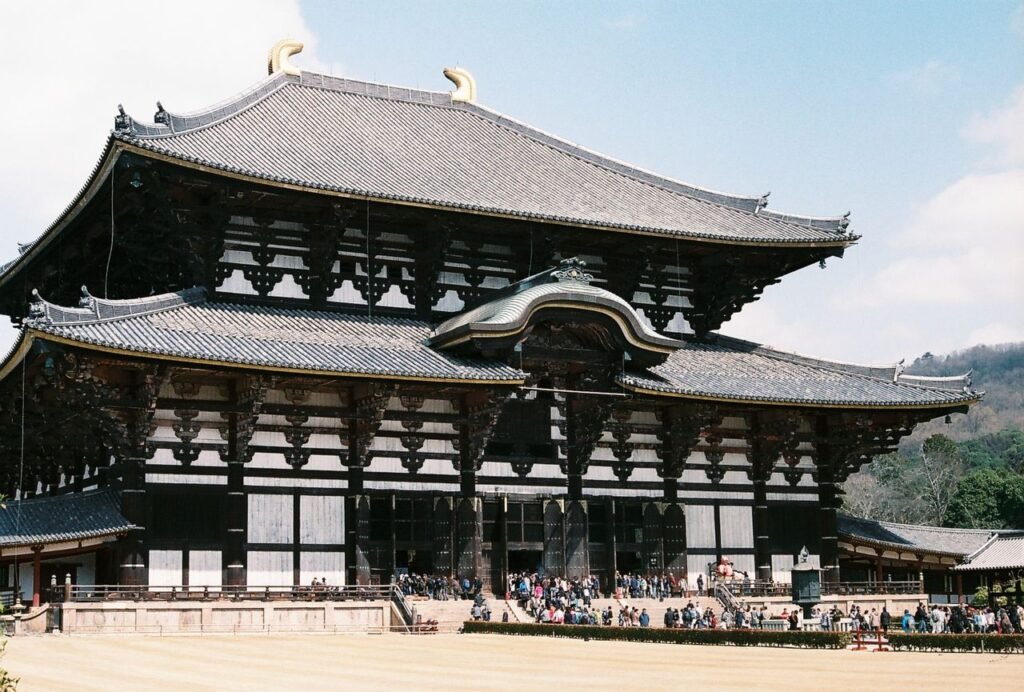 Majestic view of Todaiji Temple, a UNESCO World Heritage site in Nara, showcasing traditional Japanese architecture.