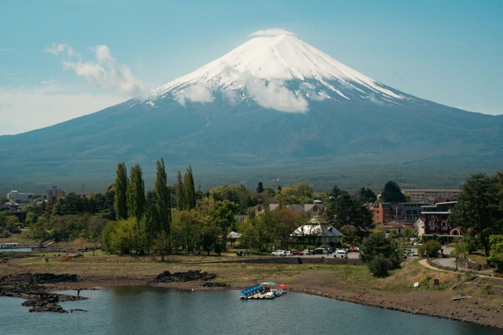 Beautiful view of Mount Fuji with surrounding landscape on a clear day.